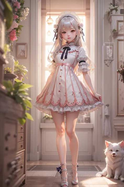 1 girl with loli，Age 18 years，standing on your feet，Wearing lolita，ssmile，Feminized facial features，Straight hair，A calm posture，Porcelain-like skin，Subtle blush，a white wall，Characters shrink，fully body photo，Wear high heels（（（tmasterpiece），（Very detailed...