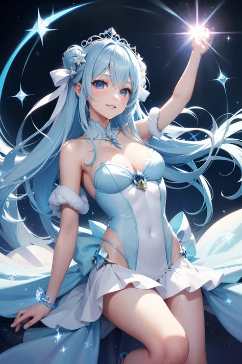 Super Idol　a beauty girl　A charming smile　sky blue hair　length hair　Twin-tailed　Bright blue and white costume　Mystical　Fantasia　constellation　a moon　Crystal brilliance

Spirit of Polar Light
World of ice and snow
The power of light and magic
Guardian of na...