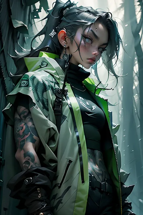 kpop girl wearing sage green futuristic jacket, sexy body, big sword katana black turtle neck attire, big jacket, serious face, chains, tattoos, cool pose, whole body shot, big eyes, glowing forest background