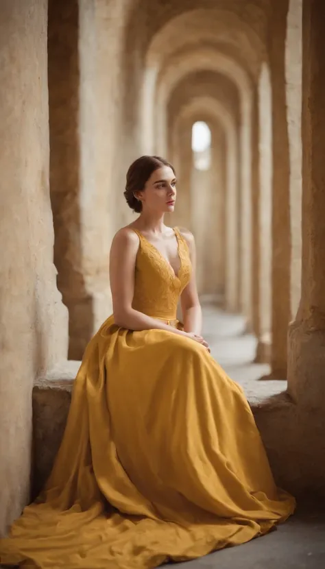 1girl,film grain,vintage tone,high contrast,gown,tunnel,dim lighting,dark yellow theme,melancholy,sitting,against wall,sad