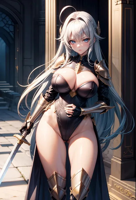 Woman knight、a beauty girl、huge tit、Excellent style、Nice Buddy、glamorous、leotard、s Armor、Armor shoulder rest、knee boots、gauntlets、silber hair、Longhaire、Ahoge、、is standing、full body seen 、Possesses a sword、Contains a sword