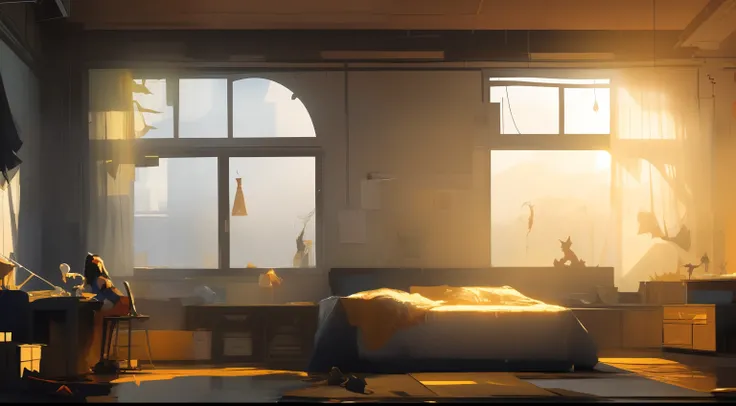 samdoesarts style, messy bedroom, golden moment, no people, water, silhouette cinematic background by jeremy mann, by sandra chevrier, by dave mckean and richard avedon and maciej kuciara, high detailed, 8k