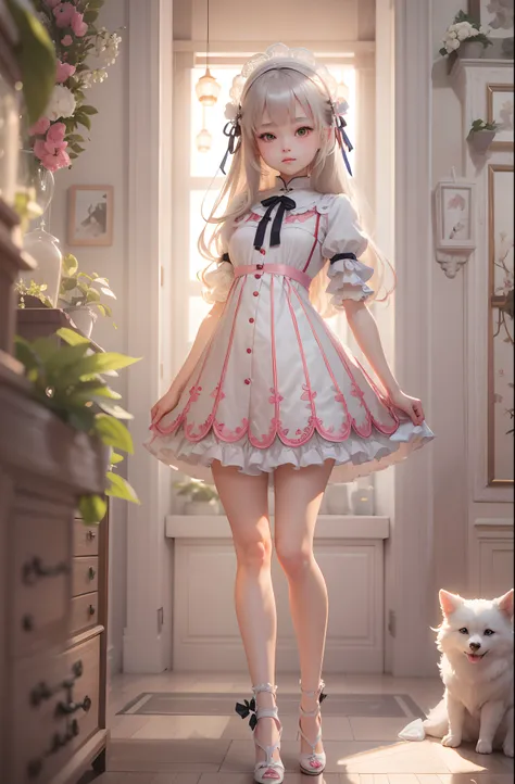 1 girl with loli，Age 18 years，standing on your feet，Wearing lolita，ssmile，Feminized facial features，Straight hair，A calm posture，Porcelain-like skin，Subtle blush，a white wall，Characters shrink，fully body photo，Wear high heels（（（tmasterpiece），（Very detailed...