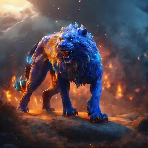 (a fierce animal,blue flames,mystical creature),(best quality,highres:1.2),(ultra-detailed,realistic:1.37),oil painting,sharp focus,professional lighting,vibrant colors,majestic,savage,fiery gaze,ferocious teeth,strong muscles,detailed fur,mythical presenc...