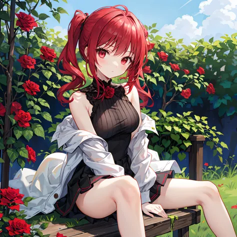 Red hair、Hair is up、red eyes、Beautiful girl alone、off shoulders、a miniskirt、Bright red rose garden、sitting on、Black panties