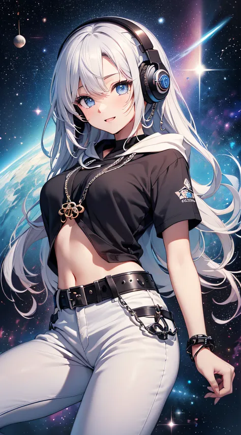 top-quality、Top image quality、​masterpiece、girl with((18year old、Black navel exposes short sleeve hoodie、White pants、Best Bust、Bust 85、silber hair、disheveled long hair、Blue eyes、open chest wide、Happiness、Chain Accessories、Put on headphones、Cosmic Accessori...