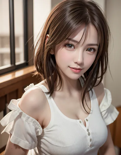 of the highest quality, 超A high resolution, (Photorealistic: 1.4), Beautiful eyes，short detailed hair，White T-shirt，Beautiful breasts, Lovers, Lovers Eyes, Sexy smile, Perfect Style, Perfect balance, Detailed skin,