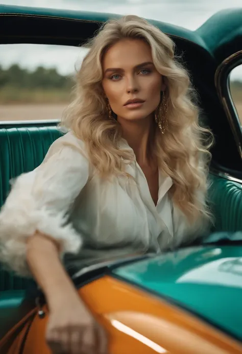 (Helena Lovista) photo of a stunning beautiful woman in rolls royce back seats, long messy windy blonde hair, green eyes, (magazine photo style:1.3), modelshoot style, (extremely detailed CG unity 8k wallpaper), blond woman sitting on a scooter in a colorf...