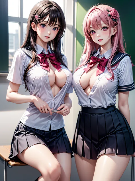 ((2girls)), ((Best Quality)), (Ultra-detailed), (extremely detailed CG unified 8k wallpaper), Highly detailed, High-definition raw color photos, Professional Photography, ((Beautiful big breasts)), ((bare breasts)), (Pink floral hair ornament), Peanut butt...