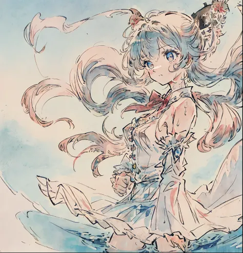 {{masterpiece}}, {{{best quality}}}, {{ultra-detailed}}, {{illustration}}, {{disheveled hair}}, {{frills}}, {1 girl}, {solo}, dynamic angle, big top sleeves, floating, beautiful detailed sky, on beautiful detailed water, beautiful detailed eyes, overexposu...