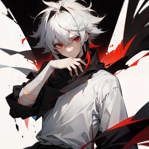 White shirt with an entire arm wrapped in black bandages , red eyes , somber expression , messy hair , Medium Length hair , 1male , Multicolored black and white hair , two tone hair ,