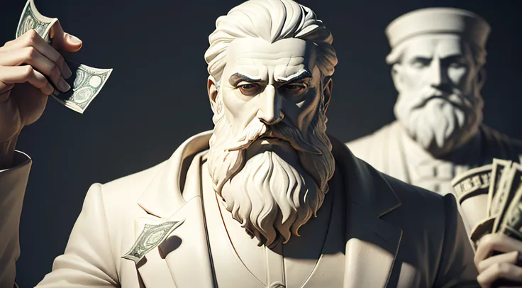 Greek philosopher statue with beard wearing white coat and counting money with ultra-realistic greed face