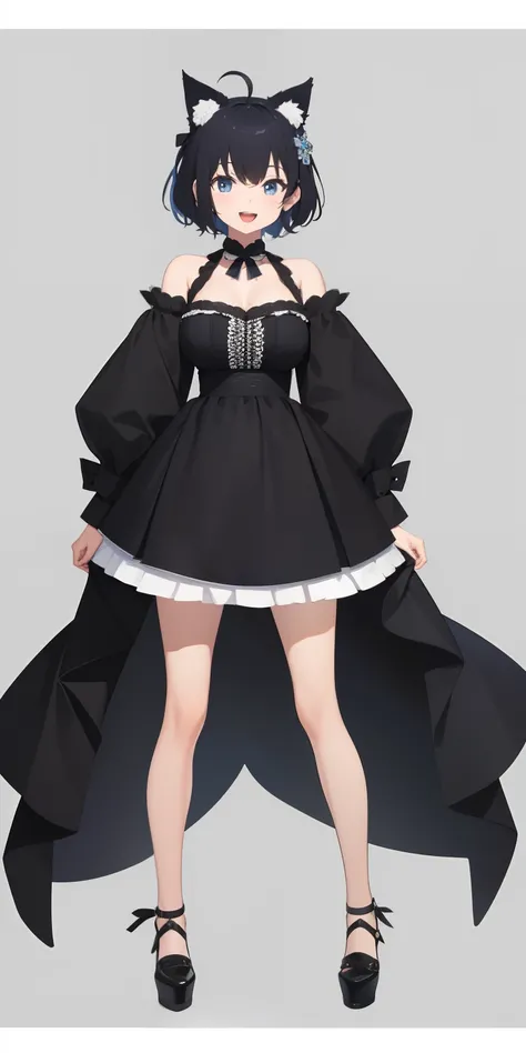 Full body,(( Upright)), ((Arms at sides)), Looking at Viewer, Simple background, 1girl in, Open mouth, Smile, Virtual Youtuber、girl with、、((Best Quality, high_resolution, Distinct_image)),(Black hair), (Black cat ears), (Ahoge), (absurdly short hair), (Wav...