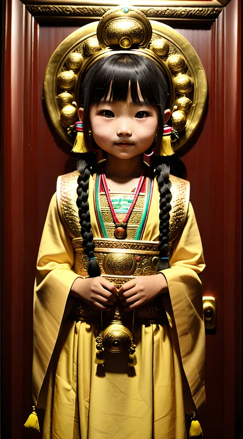 a tibetan girl dressed up，half-length photo，handheld masks，high detal，complex hairstyles with braids，tibetan jewelry，tibetan int...