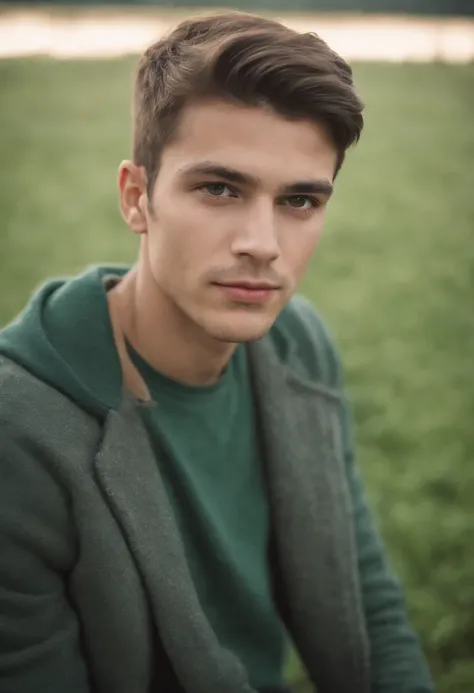 retrato de homens jovem e bonitos,22 anos, fanatical face, in green field on sharp focus background, Studio Photography, detalhes intrincados, altamente detalhado, Esmaltado,mysterious lighting,upper body