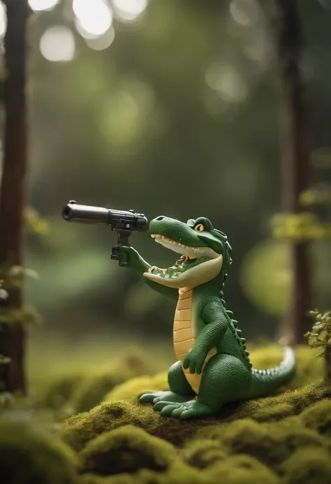 Perfect alignment, Cute little crocodile gun，in style of hayao miyazaki，Stand in a curved position, toy model, Sideways composition，Displays the center of the landscape composition,3 d model，Clay material，pure green，nearing perfection, Dynamic, Highly deta...