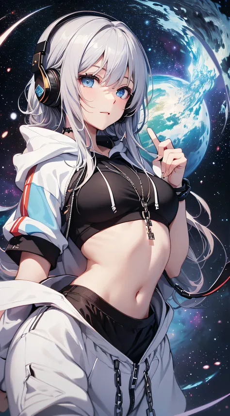 top-quality、Top image quality、​masterpiece、girl with((18year old、Black navel exposes short sleeve hoodie、Sportsbra、White pants、Best Bust、Bust 90、silber hair、disheveled long hair、Blue eyes、open chest wide、Happiness、Chain Accessories、Put on headphones、Cosmic...