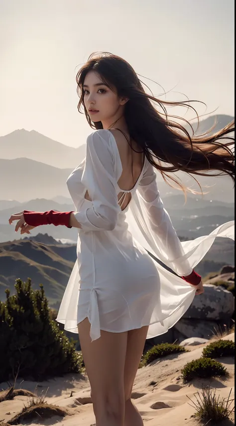 a beautiful young Persian woman standing atop a majestic mountain, her vibrant red short skirt billowing in the wind as she wears a white transparent blouse. Pay exquisite attention to the details of her features:

Face: Render her face with a delicate and...