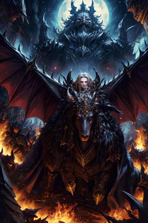 Castlevania Lord of the Shadows hyper realistic Super detailed High quality centerpiece Lord Dracula leading an army of demons surrounding fiery fire hyper realistic three points perspective hyper realistic Super detailed details sharp