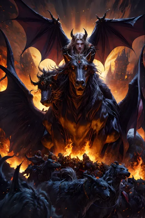 Castlevania Lord of the Shadows hyper realistic Super detailed High quality centerpiece Lord Dracula leading an army of demons surrounding fiery fire hyper realistic three points perspective hyper realistic Super detailed details sharp