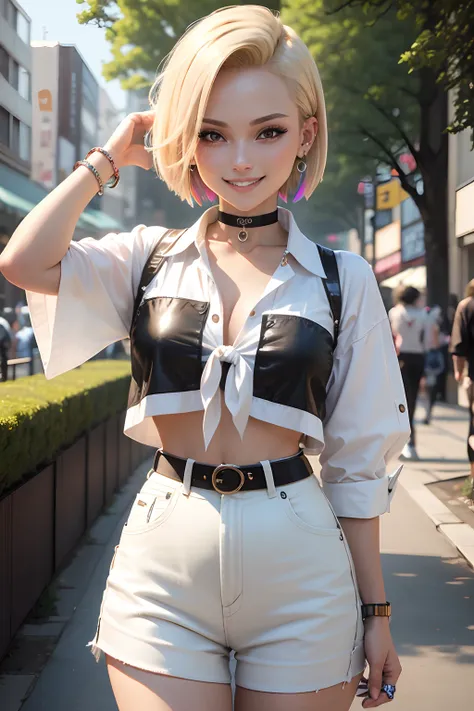 masterpiece, best quality, highres, android 18 , 1girl, blonde hair, short hair, multicolored hair, earrings, piercing, harajuku style, white shirt, tied shirt, black choker, grin, smile, standing, cowboy shot, outdoors,