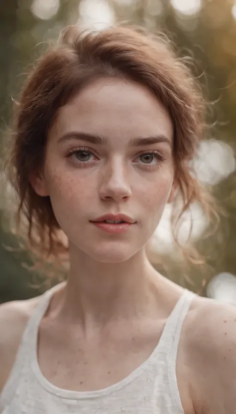 Detailed and realistic photography of a woman with freckles, round eyes and messy hair, shot outside, wearing a white t shirt, skin texture, chapped lips, soft natural lighting, portrait photography, 85mm lens, magical photography, dramatic lighting, photo...