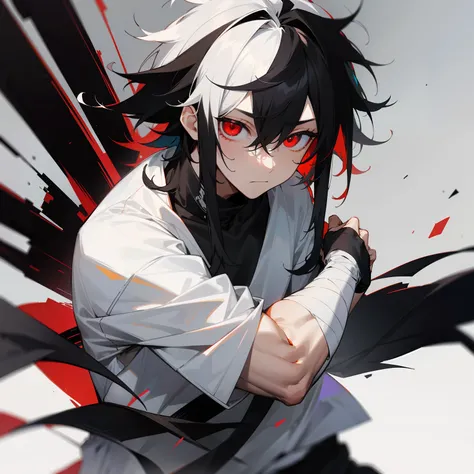 White shirt with an entire arm wrapped in black bandages , red eyes , somber expression , messy hair , Medium Length hair , 1male , Multicolored black and white hair , two tone hair ,