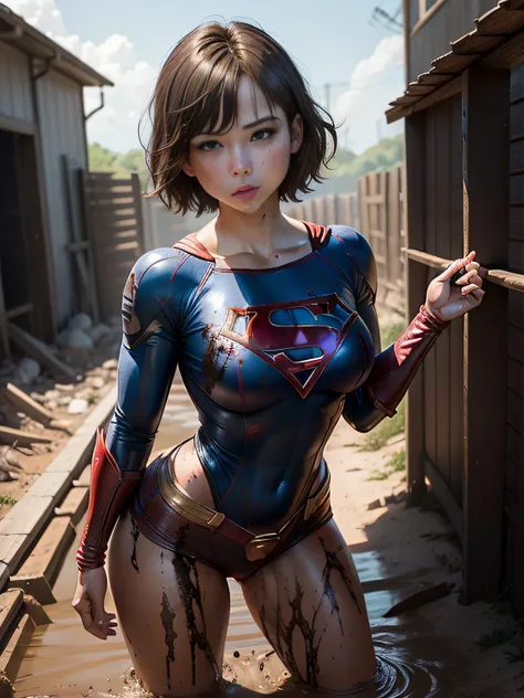 ​masterpiece、Short-haired Supergirl fell into a quagmire、large full breasts、Looking at the camera、Glossy costume、Crotch、Mud stains、Covered in mud、wounded