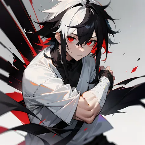 White shirt with an entire arm wrapped in black bandages , red eyes , somber expression , messy hair , Medium Length hair , 1male , Multicolored black and white hair , two tone hair ,