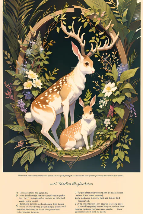 Vintage Victorian style　Precise botanical encyclopedia (best quality:1.2), (detailed:1.2), (masterpiece:1.2), vintage botanical illustrations of a rabbit bunny with deer horns, jackalope, herbs and plants