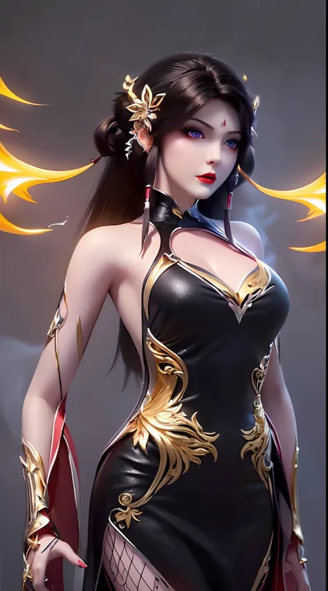 "A very beautiful girl from the abyss, a girl with magical beauty, ((wearing a black dress with gold trim:1.8)), black dress that hugs the body, historical style costumes, sexy ancient style, jet black curly hair, the most beautiful and detailed hair jewel...