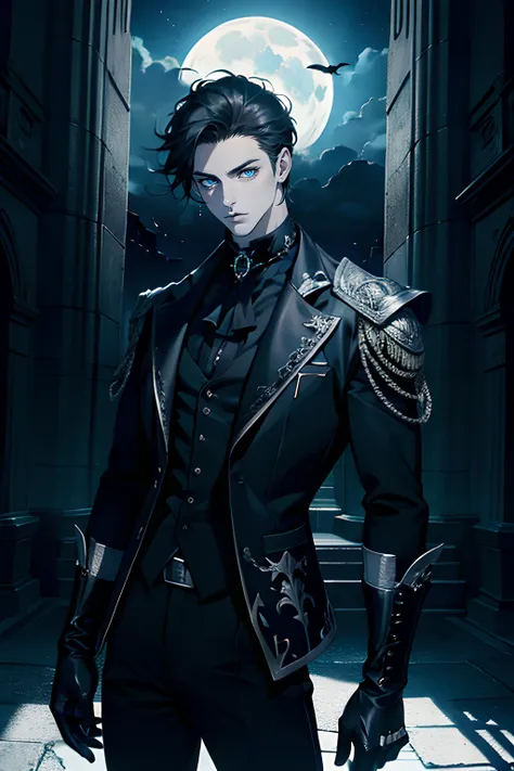 1 male, adult, mature, handsome, tall soft muscular guy, broad shoulder, detailed eyes, detailed face, black fantasy clothes, (wirst black gloves), night, no smile, short black hair (one side bangs), blue eyes, moon, gothic background, silver details, cros...