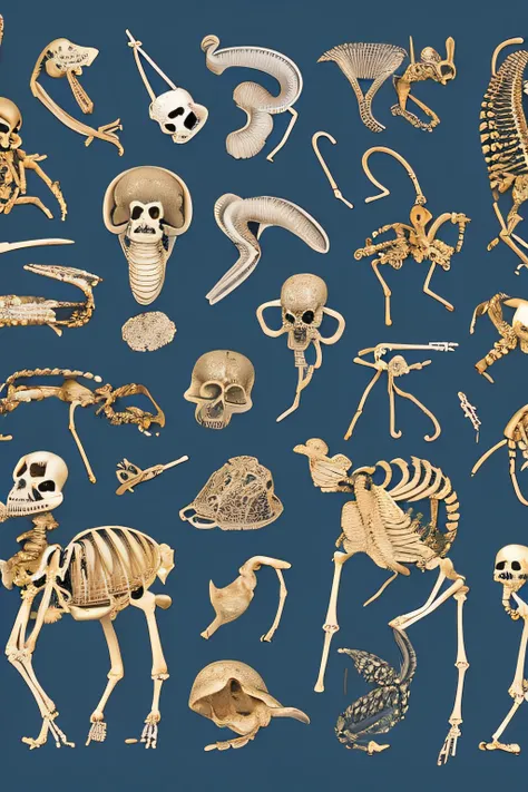 Skeletons and specimens of imaginary animals,One type of specimen,4 different specimens, larger sizes