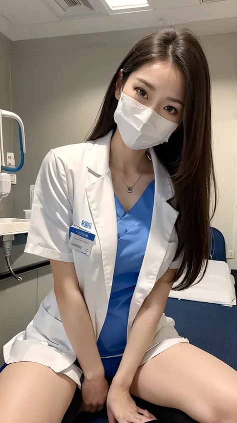 (((Beautiful dental hygienist)))、(((Appearance during treatment)))、medical mask、((Dont wear panties)), (((Leaning forward to look into the patient)))、(((Independent lab coat)))、(8K、top-quality、​masterpiece:1.2)、(reallistic、Photorealsitic:1.2)、 Phenomenally...