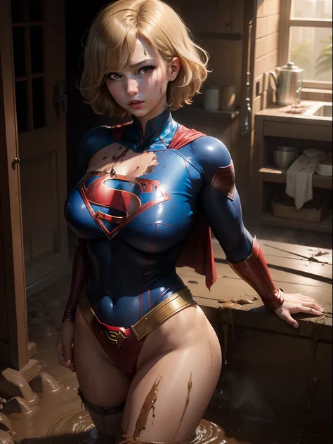 ​masterpiece、Short-haired Supergirl fell into a quagmire、large full breasts、Looking at the camera、Glossy costume、Crotch、Mud stains、Covered in mud、wounded