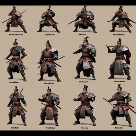 Create for me a samurai warrior with four types of positions and attack mode