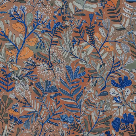 a blue and orange floral pattern with leaves and flowers, floral pattern, forest with flowers blue, indigo blooming flowers garden, floral wallpaper, floral motives, floral explosion, dark flower pattern wallpaper, plants allover, in the jungle. bloom, blu...