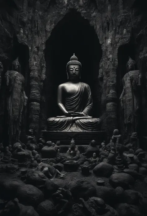 Buddha statues surrounded by other statues in a dark cave, a Buddhist Buddha, Buddhist, Buddha, samsara, Buddhism, black lotus, 4K Art, the god emperor of mankind, bodhisattva, black rock statue material, 4k artwork, nirvana, god of the underworld, author：...