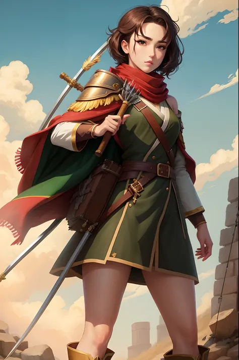 1 woman. Anime style. 22 years old. Brunette. Short flat hair with sideburns. Brown eyes. Brown robes. Gold shoulder plates. Red scarf. Green boots. Archer. Quiver on back. Action pose.