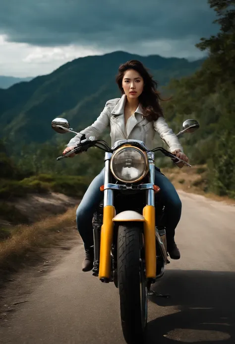 a girl driving classic motorbike, personality, long hair, full scene shot, best quality, mountain with cloudy, forest in down side of moutain, windy, cute girl, out door scene, dark brown hair, natural view, Delicate face, Pretty Face, Highly detailed face...