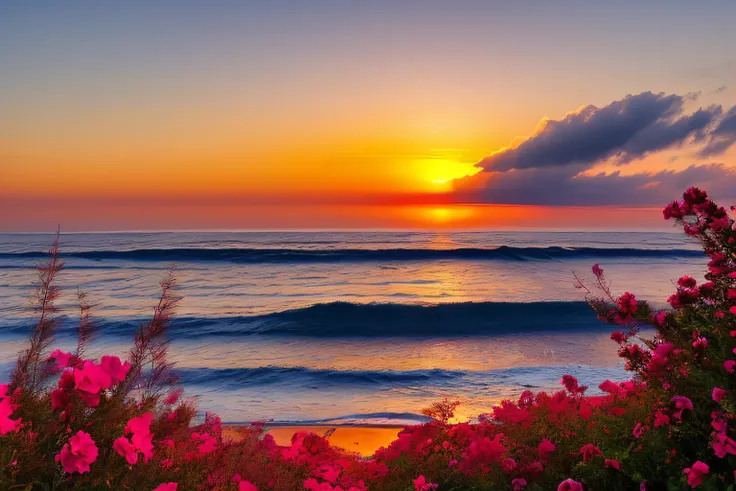 Ocean waves, coucher du soleil, buisson, ciel rose, fleurs,