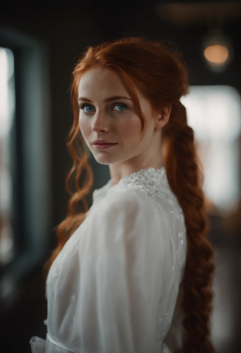 blue eyes, red head, ponytail hair girl, wears white dress,