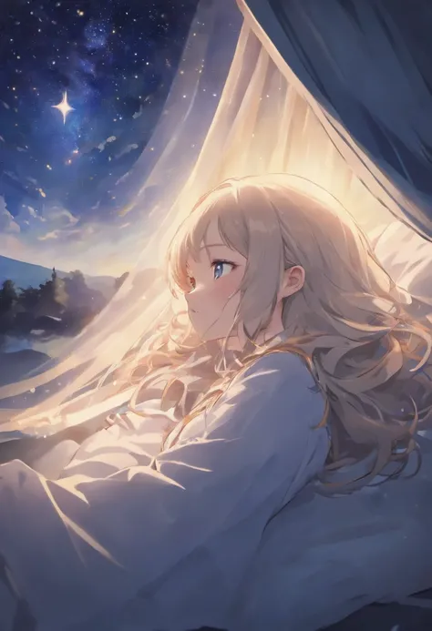 (best quality,4k,8k,highres,masterpiece:1.2),ultra-detailed,anime,night,sleep dress,bedrooms,nightlight,glowing eyes,closeup,midjourney portrait,long white hair,blue eyes,from below,soft focus,dreamlike scenery,dark atmosphere,warm colors,vintage aesthetic...