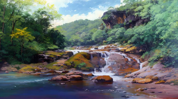 painting of a waterfall in a wooded area with stones and trees, waterfall, (waterfall), Cachoeira pequena, pequenas cachoeiras, oil digital painting, pintura pastel, digital oil painting, in the style of an oilpainting, digital art oil painting, Rainbow Ri...