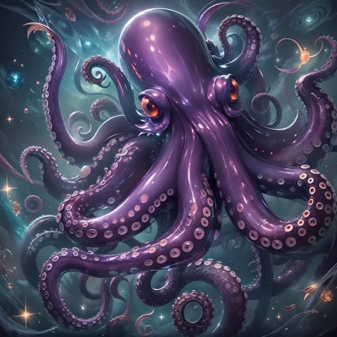 Masterpiece, Best quality, the wallpaper, Endless space,purpleish color，（Glass octopus），Long tentacles，Cthulhu，terroral，unholy，on the sky，starlights。