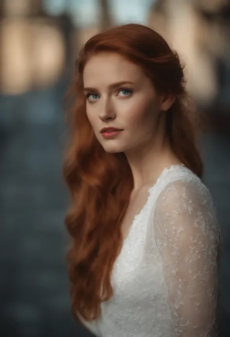 blue eyes, red head, ponytail hair girl, wears white dress, full length