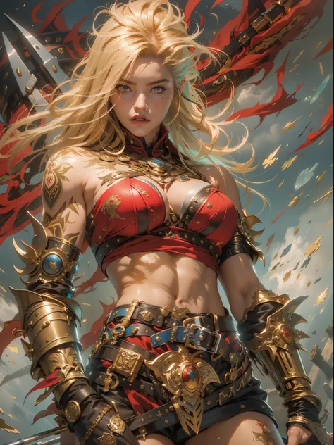 (((woman))), (((best qualityer))), (((tmasterpiece))), (((AS-Adult))), A 35-year-old female warrior with a perfect body, Brooklyn gladiolus, (( under breasts )), Simon Bisley, Almost naked（Simon Bisley）Urban savage style《heavy metal》MagazineCover, blond ha...