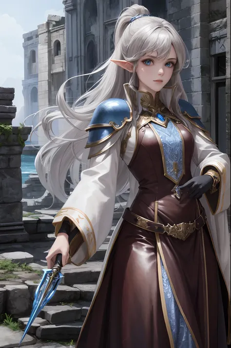 １girl with、Young adult women、Dark Elves、Brown-skinned、silber hair、blue eyes、Cloth clothing、Leather armor、No horn、Holding a wizards wand、Uninhabited ruins、