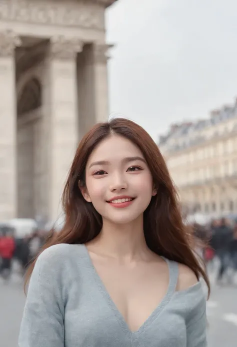 (8K、top-quality、​masterpiece:1.2)、 (realisitic、Photorealsitic:1.37)、 ultra-detailliert、DJ Soda、 1 girl in、full body Esbian、Wearing a turtleneck sweater and skinny jeans、Stand in the streets of Paris with the Arc de Triomphe in the background、 cute little、独...