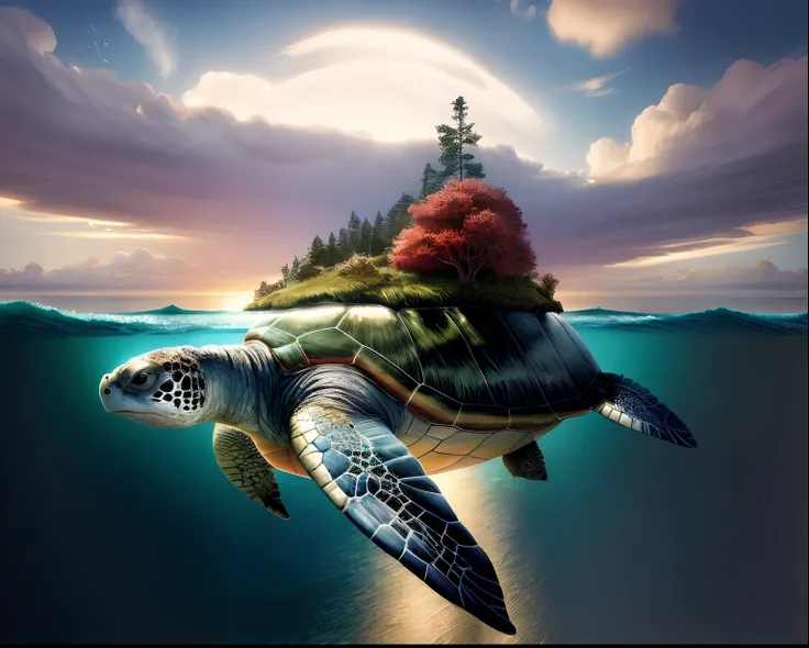 painting of a turtle swimming in the ocean with a island on its back, world-bearing turtle, great atuin, turtle, half turtle, great leviathan turtle, the mock turtle, mitch mcconnell as a turtle, anthropomorphic turtle, turtle. pacific northwest coast, by ...